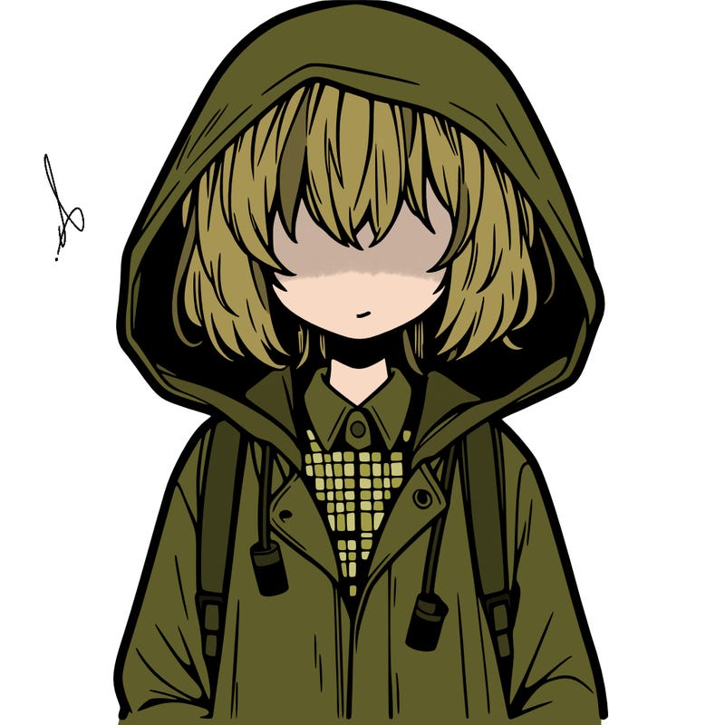 little anime girl in a raincoat her hair is covering her eyes she has a lighter