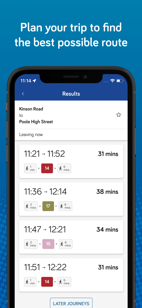 More buses - Screenshot of the More buses app showing various bus route options with travel times and durations for a planned trip.