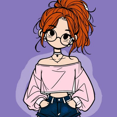 girl with a messy ponytail glasses a baggy crop top and jean shorts