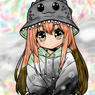 girl with anime shaped eyes with a dinosaur bucket hat oversized sweatshirt long straight hair