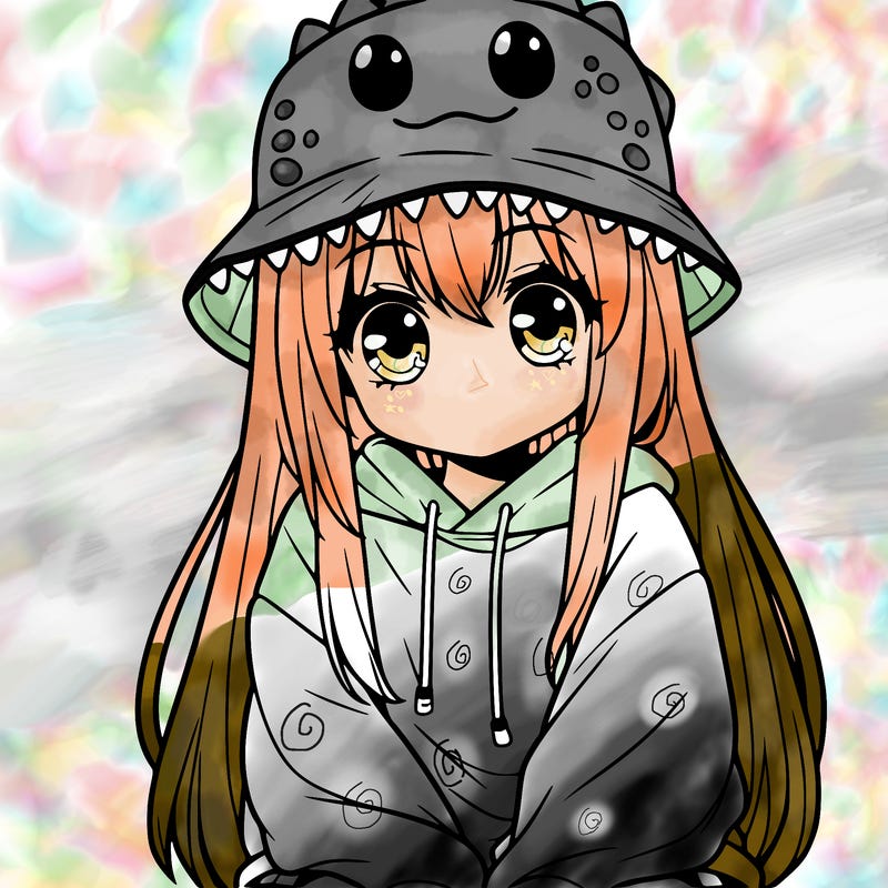 girl with anime shaped eyes with a dinosaur bucket hat oversized sweatshirt long straight hair