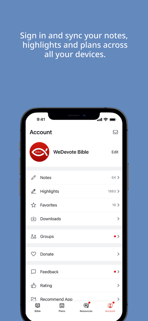 WeDevote Bible app account screen displaying user notes and highlights with sync message