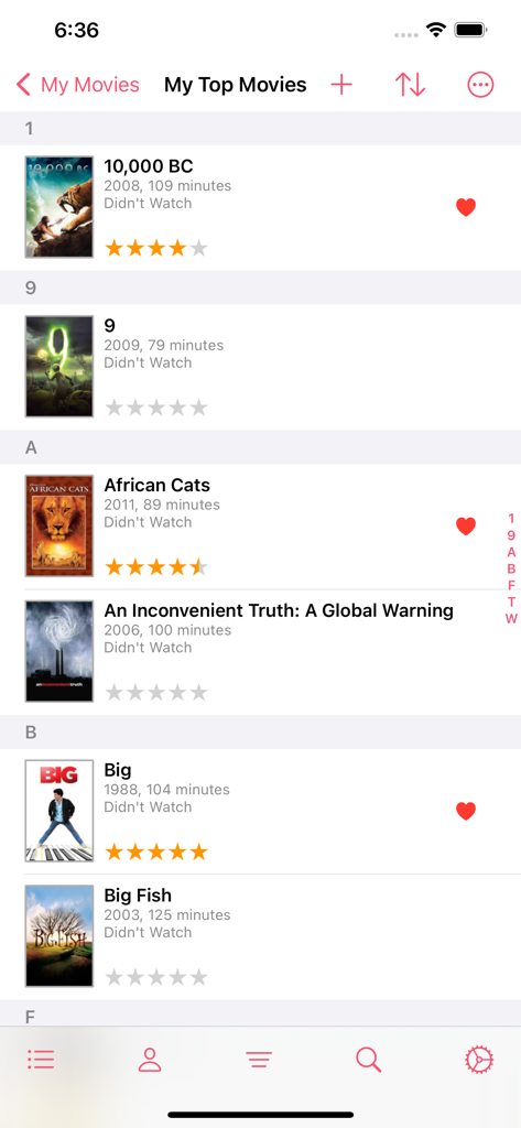 Aplicativo MovieBuddy exibindo uma lista catalogada de filmes com classificações por estrelas e títulos