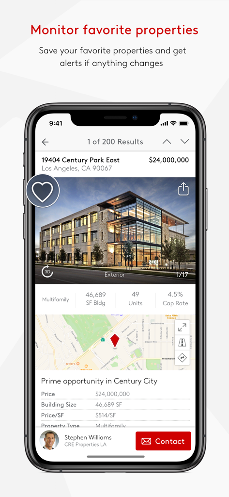 LoopNet Real Estate - L'application mobile LoopNet présente une annonce immobilière commerciale avec des détails sur l'investissement et un bouton « favori ».
