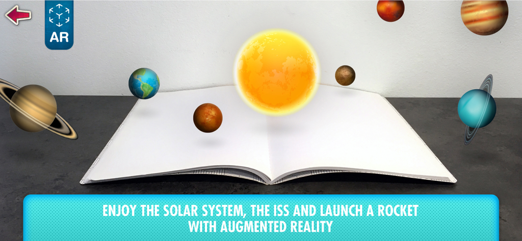 Augmented reality feature showing 3D planets and the sun floating above an open book
