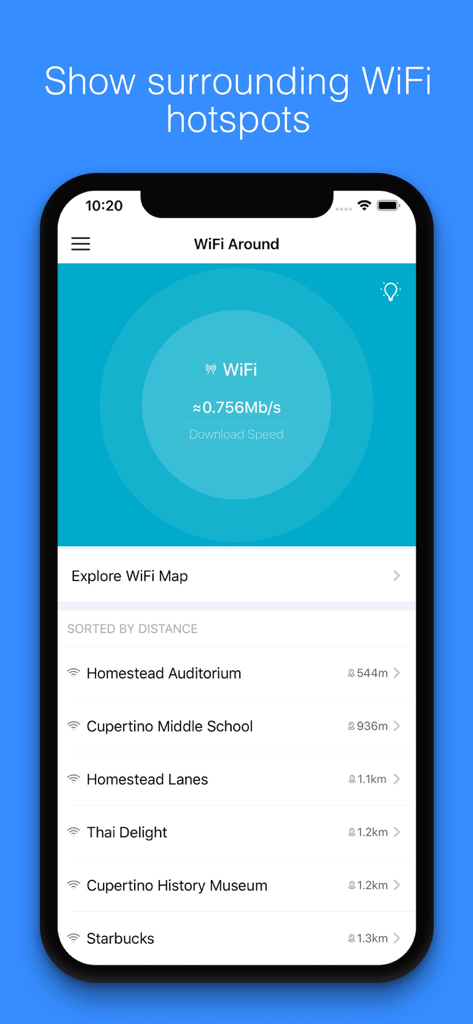 Interfaz de la aplicación WiFi Around mostrando una lista de puntos de acceso públicos cercanos y la velocidad de descarga actual.