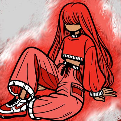 a girl with baggy pants and a crop top with long hair