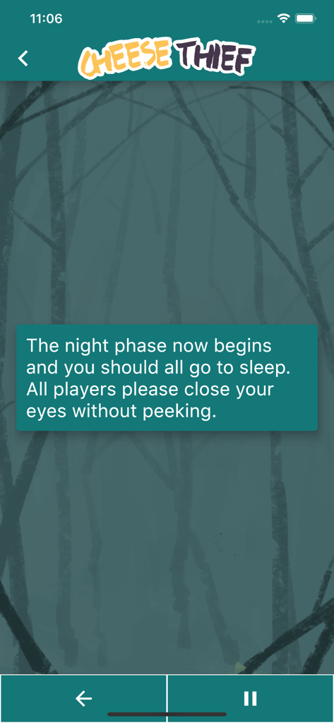 Cheese Thief Moderator - Pantalla de la aplicación Cheese Thief Moderator con instrucciones para la fase nocturna pidiendo a los jugadores que cierren los ojos