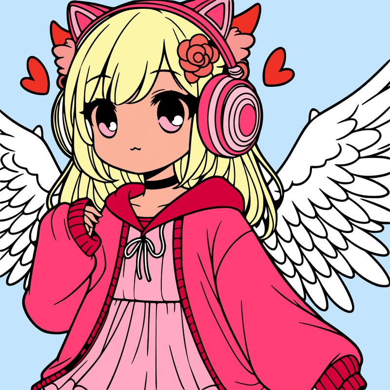 a girl with cat headphones and wings