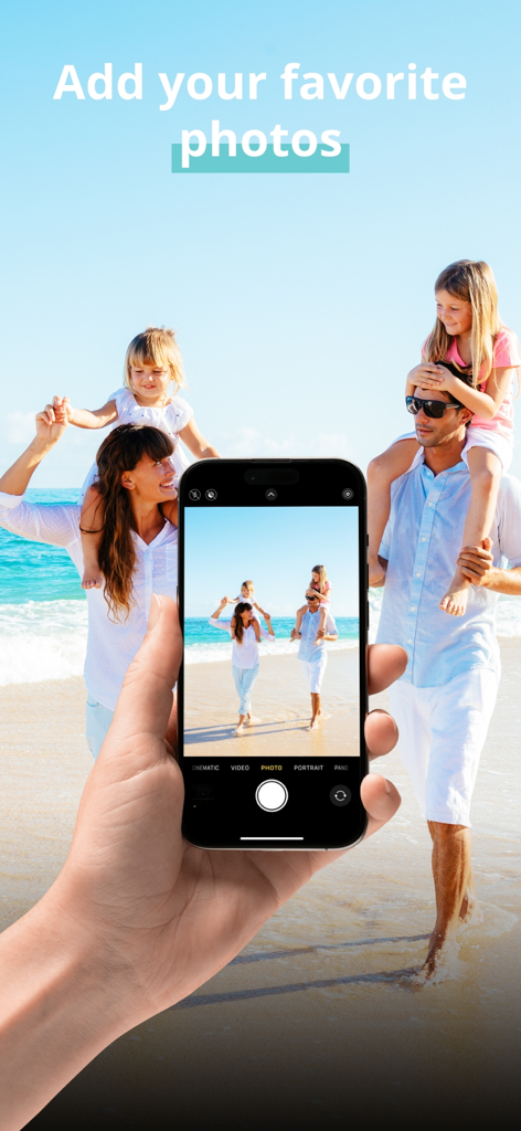 SimplyCards - custom postcard - A hand holding a smartphone taking a picture of a family on a beach to create a personalized postcard.