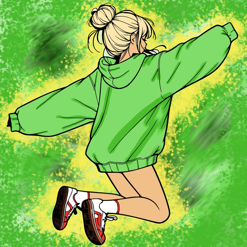 realistic girl jumping with a bun and oversized sweatshirt