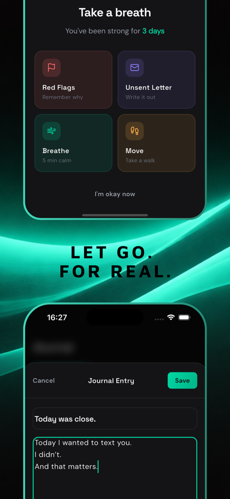 No Contact: HealDays - Interfaccia dell'app HealDays che mostra strumenti di guarigione post-rottura e una voce di diario