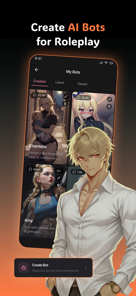 Spark – AI Roleplay Chat - A mobile app interface showing custom AI bots with anime style portraits and a create bot button for roleplay chatting