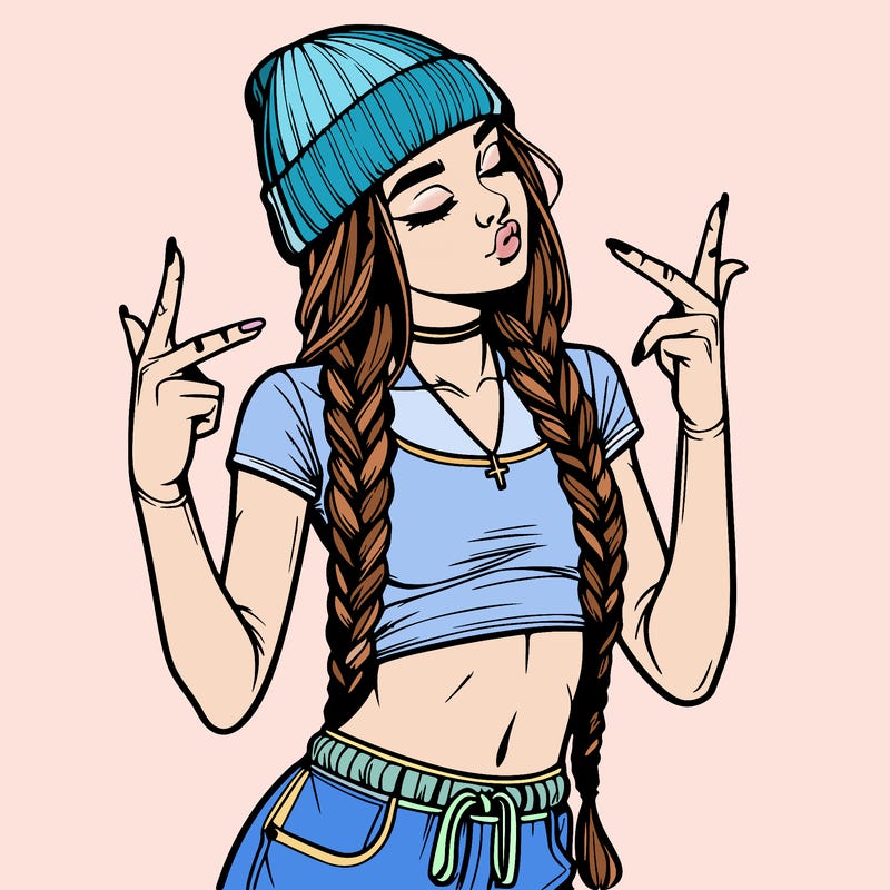 realistic teenage girl with braids and a beanie and crop top doing 🫶🏼