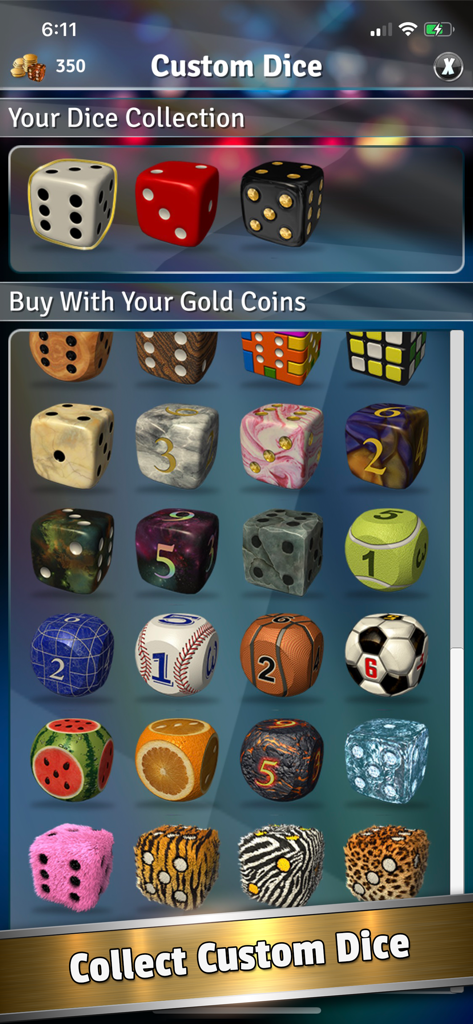 A variety of colorful custom 3D dice designs in the Yatzy Dice Master collection menu