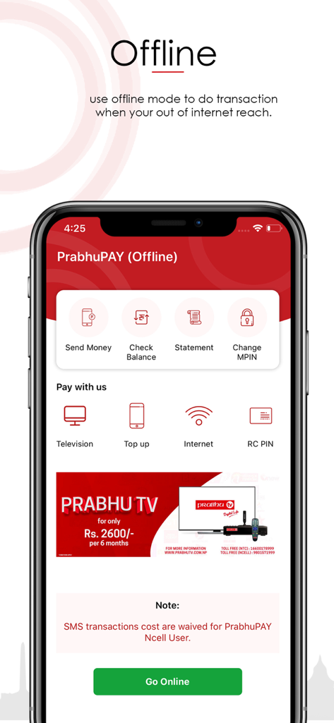 PrabhuPAY - Mobile Wallet - Interface du portefeuille mobile PrabhuPAY montrant le mode hors ligne pour les paiements et les transferts