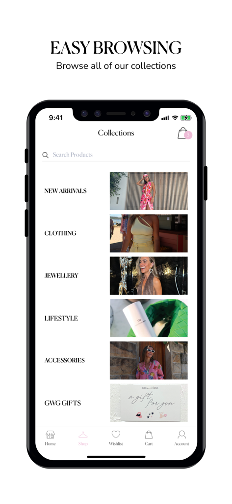Girls with Gems - Girls with Gems mobile app collections screen showing categories for clothing, jewellery, and accessories.
