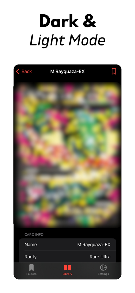 TCG Scanner app interface showing detailed information for a Pokemon card in dark mode