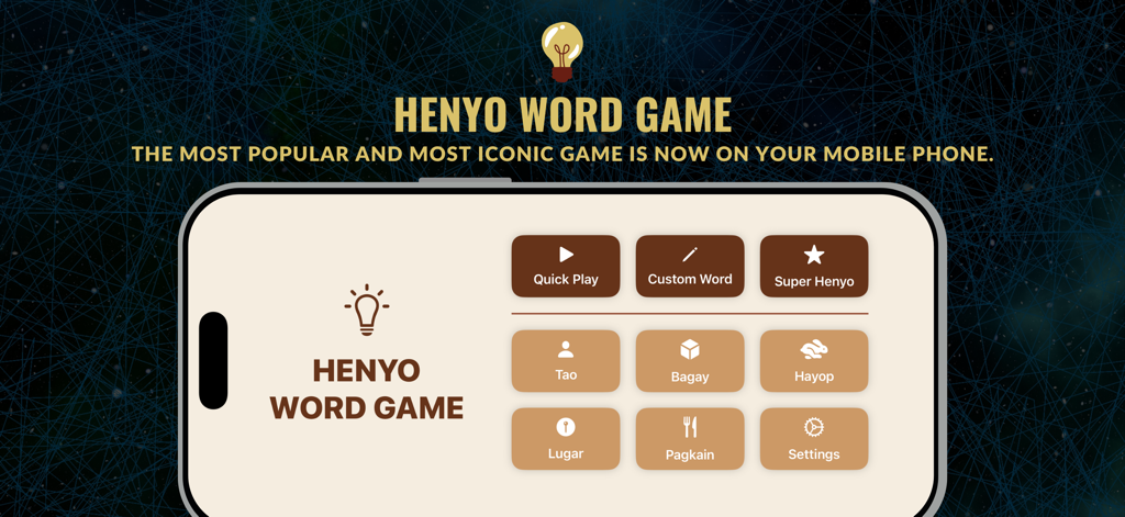 Henyo Word Game main menu showing game modes and Filipino word categories like Tao Bagay and Pagkain