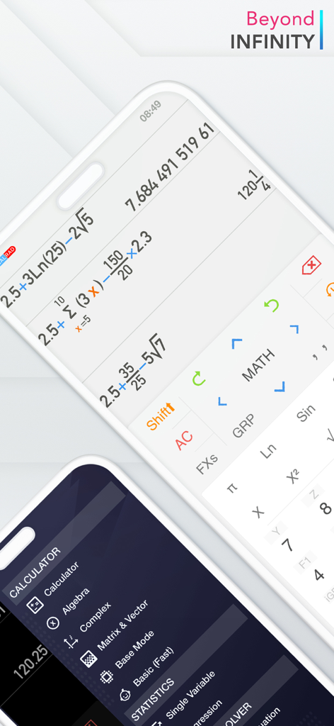 Calculator ∞ - Interfaz de aplicación de calculadora científica que muestra ecuaciones matemáticas avanzadas y un menú de funciones con modos de álgebra y matrices