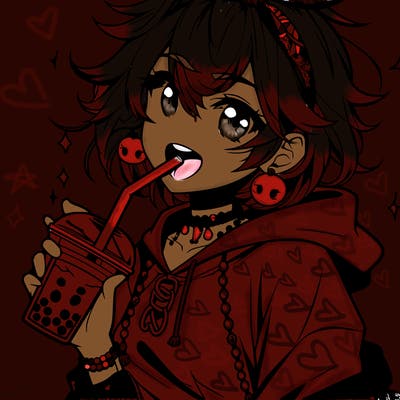 hot baddie anime girl drinking boba and biting the straw