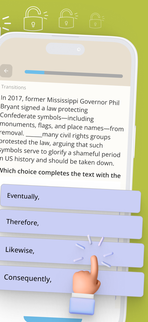 Ein mobiler App-Bildschirm, der eine digitale SAT-Englisch-Übungsfrage mit Multiple-Choice-Optionen für Übergänge zeigt.