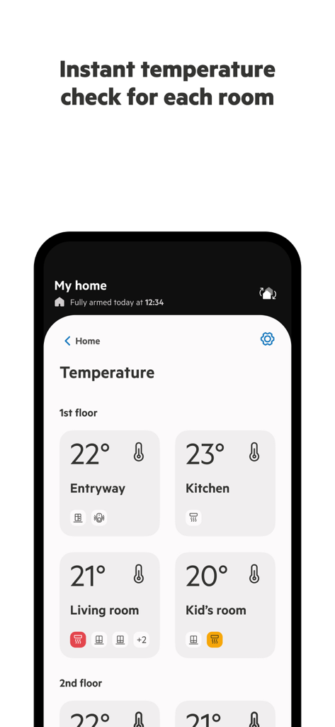 A smartphone screen displaying the Sector Alarm app room-by-room temperature monitoring feature