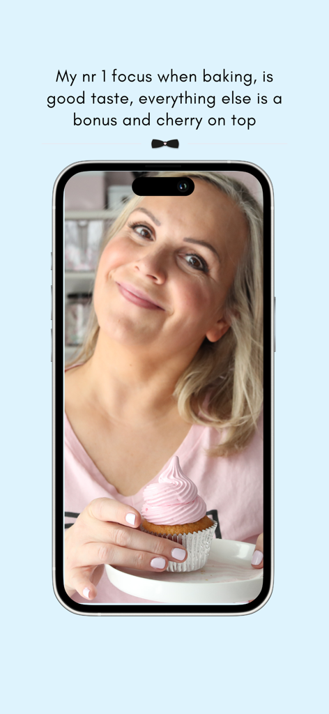 Manuela Kjeilen holding a pink cupcake with a quote about her baking philosophy.