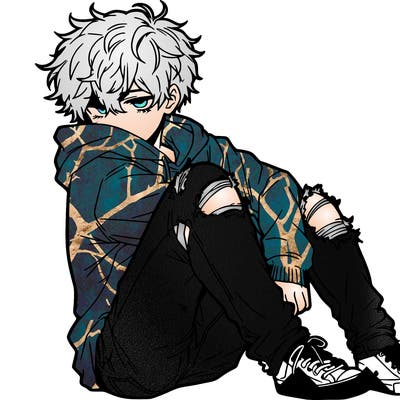 a male hoddie ripped jeans messy hair anime