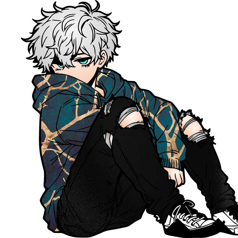 a male hoddie ripped jeans messy hair anime