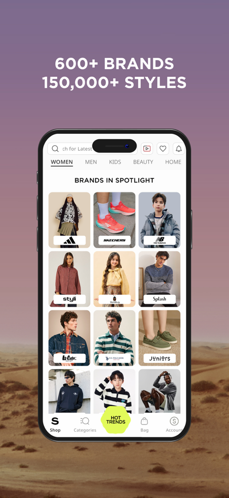 Interface de l'application Styli présentant plus de 600 marques et 150 000 styles de mode pour femmes, hommes et enfants