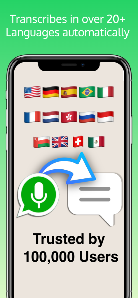 Audio Message to text convert - Tela de aplicativo móvel mostrando a conversão de mensagens de voz do WhatsApp em texto com suporte para mais de 20 idiomas.