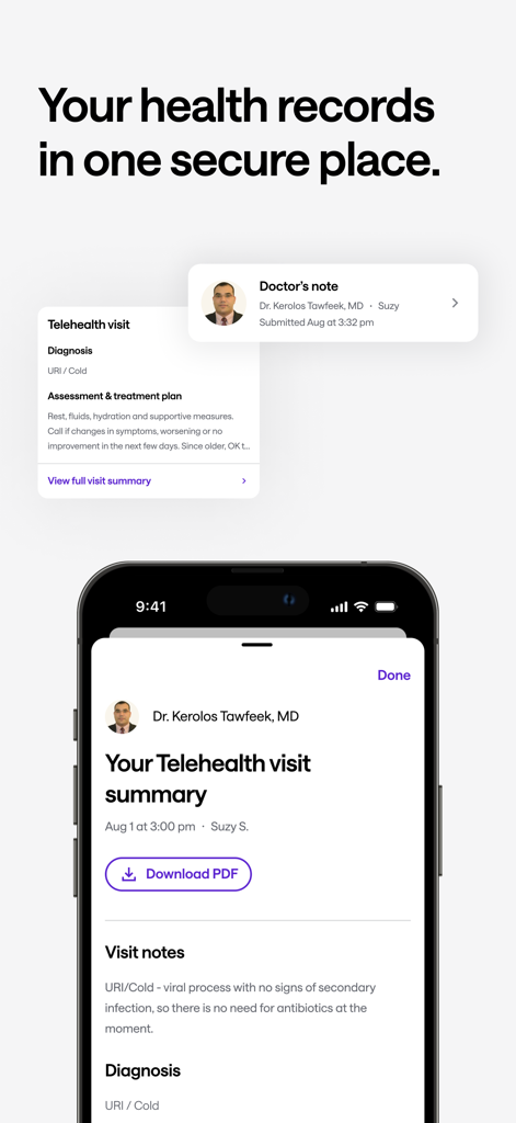 Sesame: Telehealth Care & More - A mobile app screen showing a telehealth visit summary and secure health records including doctor notes and diagnoses.