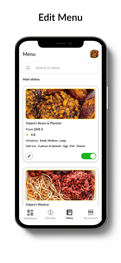Night Market Vendor - Interfaz de la aplicación Night Market Vendor para gestionar un menú de comida del campus.