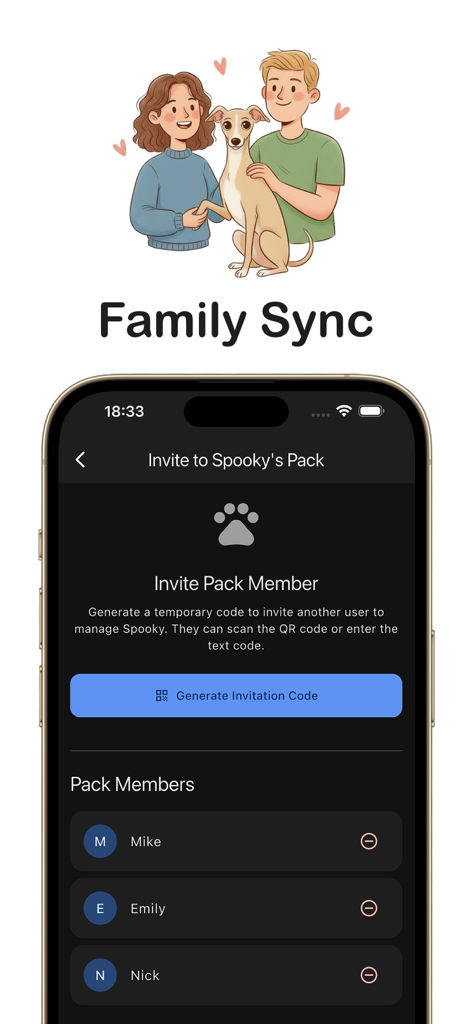 Dog Daily app interface showing the Family Sync feature to invite pack members for collaborative pet care.