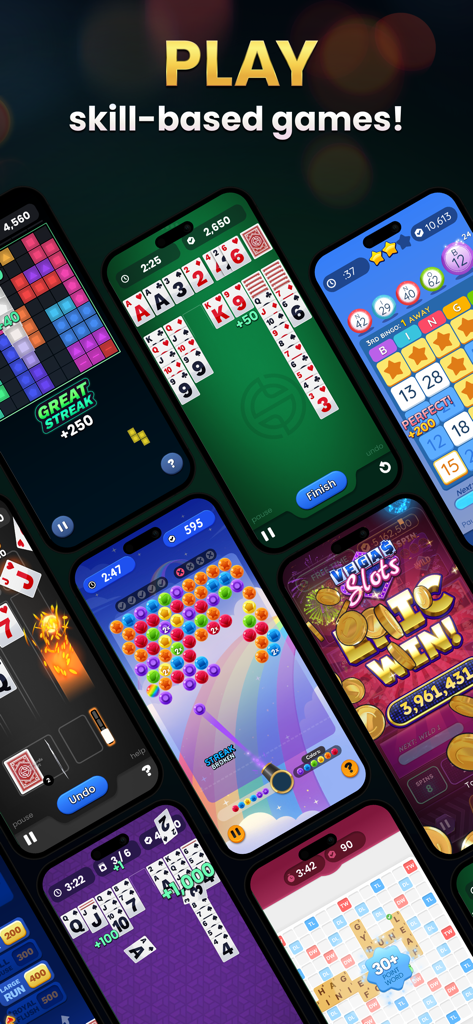 Cash Out Club - Win Real Money - A collection of smartphone screens displaying various skill-based games like Solitaire, Bingo, and Bubble Shooter within the Cash Out Club app.