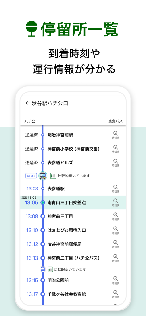 Interfaz de la aplicación de navegación de autobuses que muestra una lista de paradas de ruta con horarios de llegada y posiciones de autobús en tiempo real en Japón