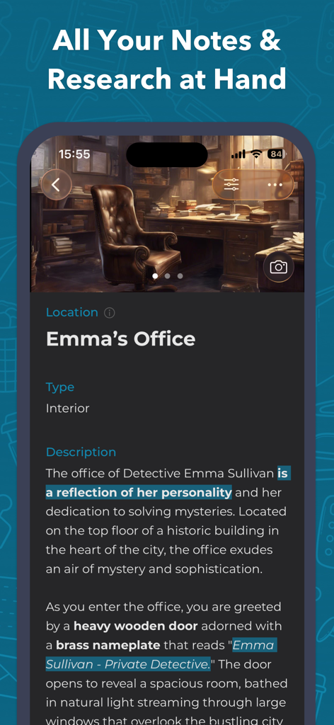 Detailed location profile in Story Planner app showing an office setting for a writing project.