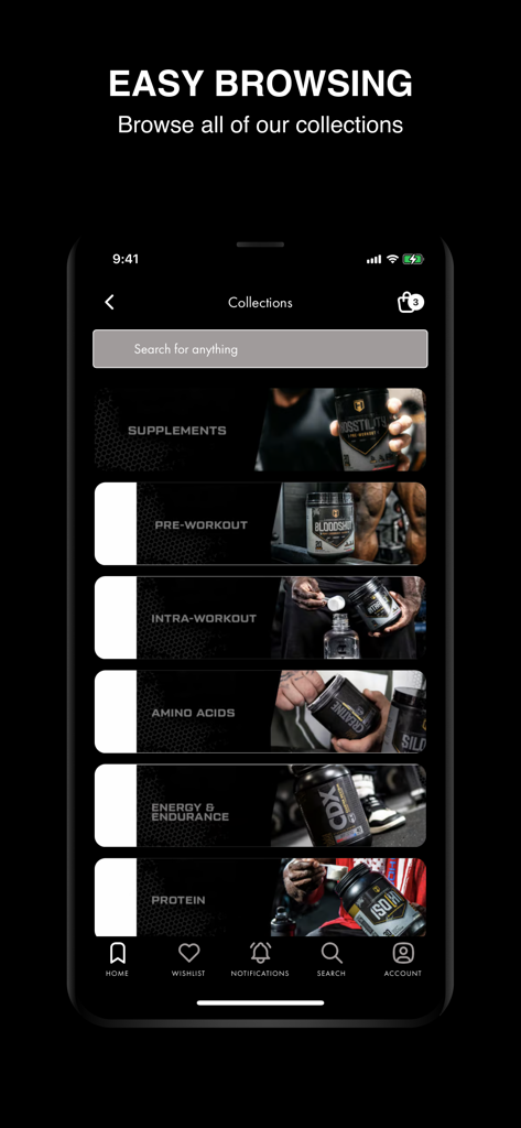 HOSSTILE app collections screen showing categories like pre-workout and protein for bodybuilding