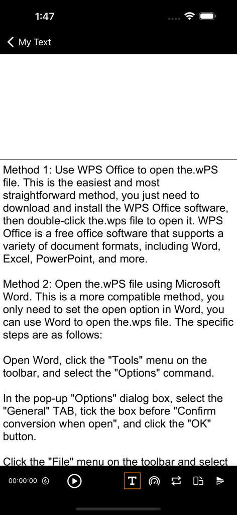 FEELWORLD - Visualizzazione dello script nell'app FEELWORLD teleprompter con controlli di riproduzione