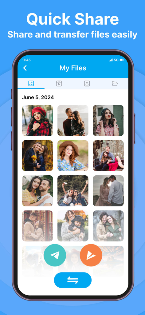 Quick Share - File Transfer - Interfaz de la aplicación Quick Share mostrando una galería de fotos para transferencia de archivos