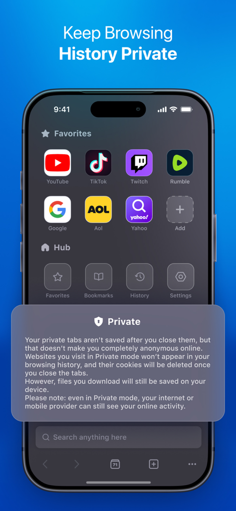 A smartphone interface displaying the private browsing feature and website shortcuts within the PiP Browser app.