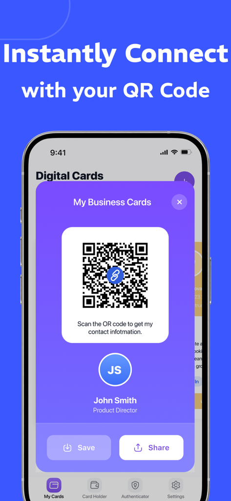 Pantalla de aplicación móvil mostrando una tarjeta de presentación digital de John Smith, Director de Producto, con opciones de guardar y compartir.