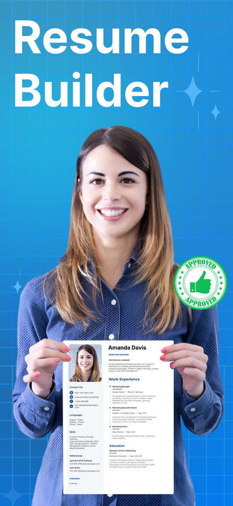 Resume Builder & CV Maker AI - Eine lächelnde junge Frau hält einen professionellen Lebenslauf, der mit der Resume Builder und CV Maker AI App erstellt wurde