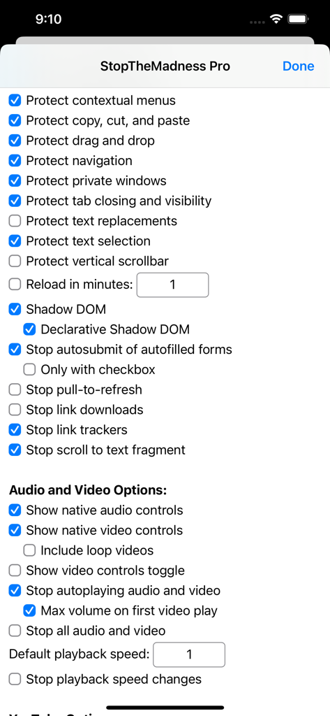 Interface of the StopTheMadness Pro app showing a list of privacy and browser protection settings