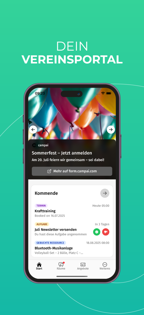 campai - Smartphone displaying the campai app home screen with club event information and task list