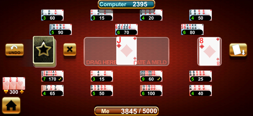 Canasta classic Royale Offline - Gameplay screen of Canasta classic card game showing card melds and player scores against a computer opponent