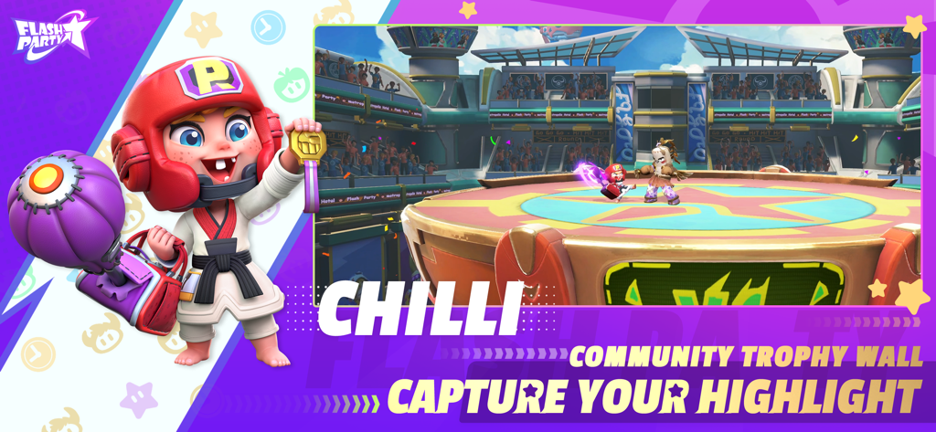 Flash Party - Flash Partyのキャラクター「Chilli」が金メダルを持ち、ゲームプレイハイライトがコミュニティ・トロフィー・ウォールを紹介している様子。