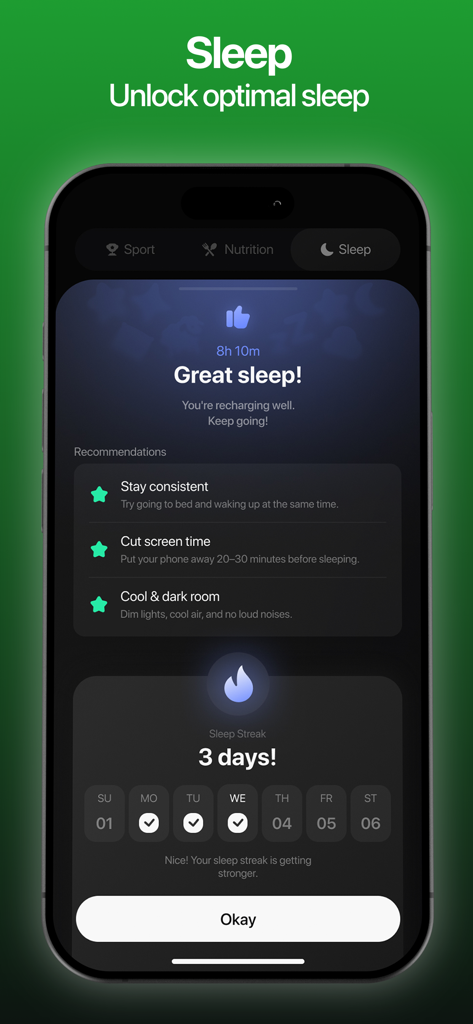 A mobile app screen showing sleep tracking data with recommendations for better growth
