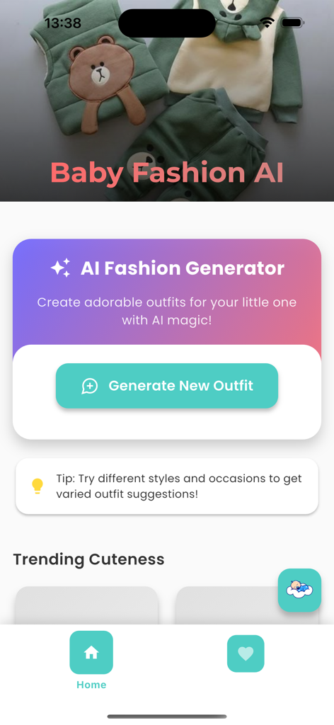 AI Fashion for Baby - AI Fashion for Baby app home screen showing the AI outfit generator feature